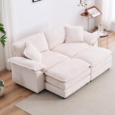 Oversized Chaise Lounges Indoor, 84.6 2 Seater Sofa with Ottoman, Corduroy Loveseat Sleeper Modular Sectional Sofa, Upholstered Deep Seat Cloud Couch for Apartment, Studio, White