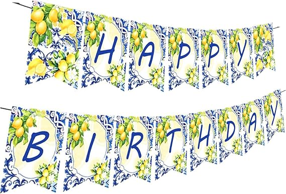 Capri Lemon Happy Birthday Banner Mediterranean Birthday Party Banners Lemonade Italy Blue Tiles Banners Lemon Bunting Sign Lemonade Garland for Summer Capri Lemons Themed Decorations
