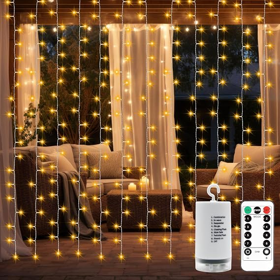 Curtain Lights Battery Operated Christmas Fairy Curtain Lights 9.89.8 Ft | 300 LED Battery Curtain Lights with Remote Timer Dimmable for Bedroom Wedding Backdrop Indoor Outdoor Decor, Warm White