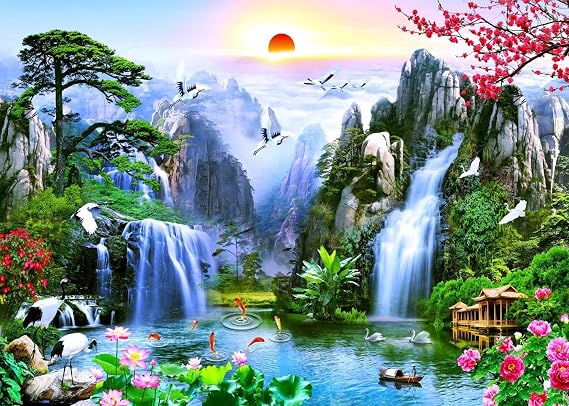 BELECO 5x3ft Fabric Fairyland Mountain Lake Photography Backdrop Waterfalls Swans Fish Flowers Dreamy Natural Landscape Painting Background Wall Murals Home Decor Kids Adults Portrait Photoshoot