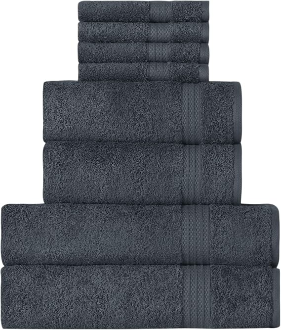 Plum Home My Plum Madame D'or Paris, Luxury 2 Bath Towels, 2 Hand Towels and 4 Kitchen Towels, Ring Cotton High Absorbent Towels for Bathroom, Shower Towel 8 Piece Towel Set, Gray