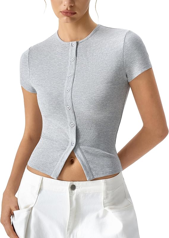 QINSEN Women's Crewneck Short Sleeve T Shirts Ribbed Button Going Out Trendy Tops
