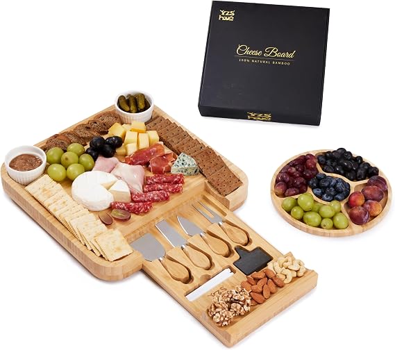 Premium Bamboo Charcuterie Board Set with Hidden Drawer & 4 Cheese Knives - 13x13 Large Cheese Board Serving Tray - Unique Housewarming Gifts for New Home, Wedding & Bridal Shower Gifts for Couples