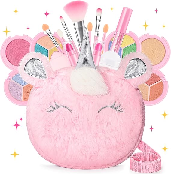 18Pcs Kids Real Makeup Kit for Girls Age 3-10 wih Fluffy Purse Unicorn Pink | Washable Non Toxic Make Up Toys Sets for Toddler - 18Pcs Vanity Set with Purse for Girl 3 4 5 6 7 8 Year Old Birthday Gifts