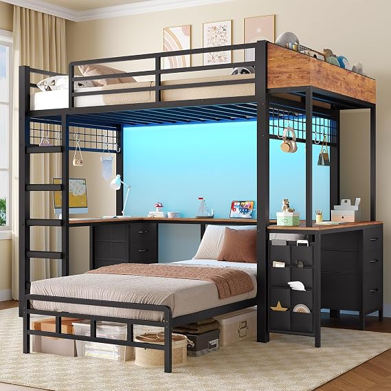 VIAGDO Bunk Bed Twin Over Twin with U-Shaped Desk & 6 Drawers, L-Shaped Twin Bunk Bed with Charging Station and LED Light, Metal Bunk Bed for Kids with Ladder & Guardrail, No Box Spring Needed, Black