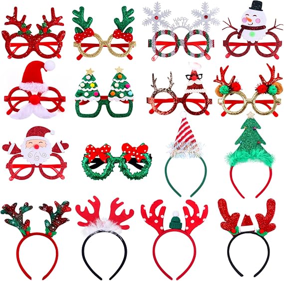 Atonofun Christmas Party Favors, 16 Pcs Glittered Headbands and Glasses Frames Set With Assorted Design for Party Supplies, Gifts for Adults Kids
