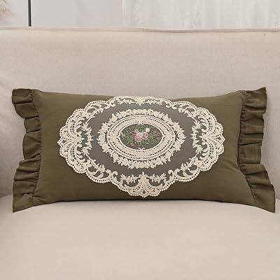 Cotton Lace Embroidery Throw Pillow Covers Boho Neutral Cushion Case Soft Accent Pillowcase for Spring Sofa Couch Bed Living Room Home Decor Green,12x20