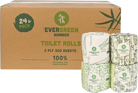 Toilet Roll 24 x 300 Sheets – 3-Ply Bamboo Toilet Paper – Plastic-Free, Eco-Friendly, Biodegradable, Strong & Soft Tissue – Sustainable & Premium Quality Bulk Pack