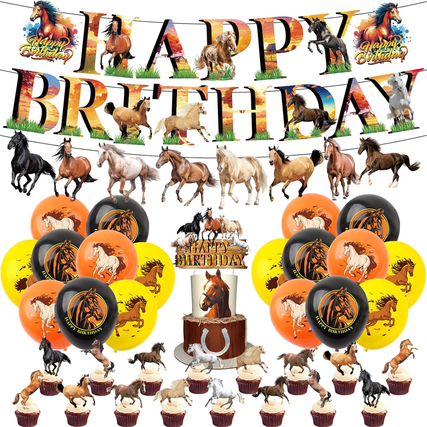 Horse Party Supplies Set Wild Horse Birthday Party Decorations Includes Horse Banner Birthday Banner Cake Topper Cupcake Toppers Balloons for Baby Shower Kids Adults Horse Theme Birthday Party Decor