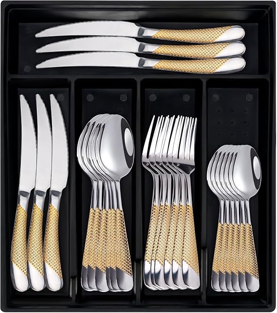 24-Piece Silverware Set with Organizer, Stainless Steel Flatware Cutlery Set with Non-Slip Handle, Mirror Polished Tableware Utensils Set for Home Restaurant (Goldsilver)