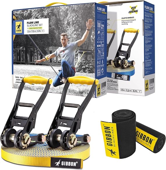 GIBBON Flowline Slackline with TreeWear - 82ft Slack Line - 74ft x 1 line & Two 8.5ft Ratchet Straps, Reinforced Loops, 2 Signature Ratchets
