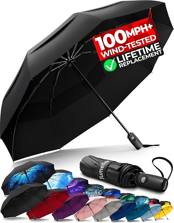 TUMELLA Strongest Windproof Travel Umbrella (Compact, 100MPH Wind-Tested)
