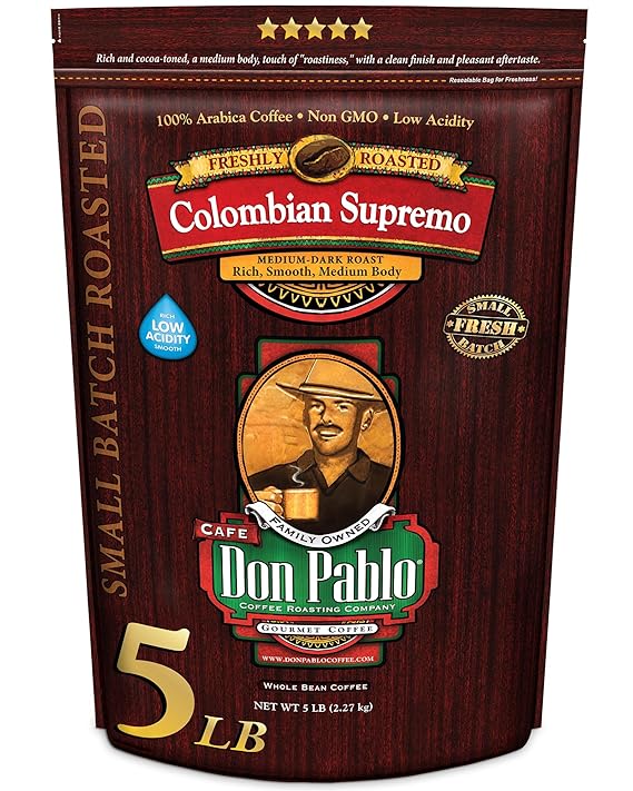 5LB Don Pablo Colombian Supremo - Whole Bean Arabica Coffee - Medium-Dark Roast - Low Acidity - 5 Pound (5 lb) Bag