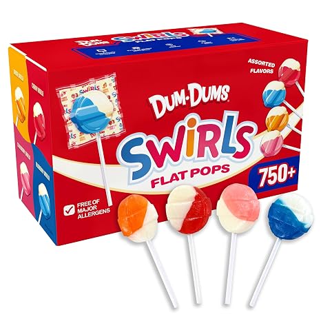 Dum Dums - Swirls Flat Lollipops Individually Wrapped - Classic Suckers & Lollipops for Kids, Toddler Pops, Bulk Candy Suckers - Gluten-Free, Kosher, Assorted Flavors - 750+ Count Case