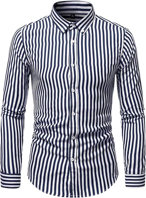 Men's Long Sleeve Spring Stripe Printed Shirt Thin Casual Slim Striped Shirt Fit Pinstriped Button Down Shirts (Dark Blue,Medium)