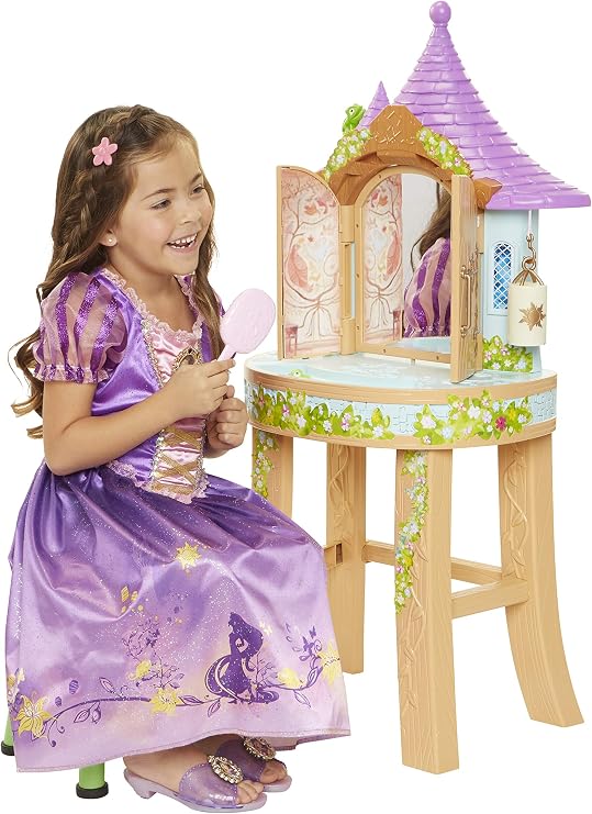 Disney Tangled Rapunzel Tower Vanity Playset LightUp Musical I See The Light Mirror, PopUp Lantern, Hair Brush & Clips, Stool (70lb) | Princess DressUp Table for Kids 3+