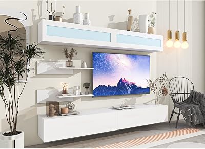Wall Mount Floating TV Stand with Four Media Storage Cabinets and Two Shelves, Modern High Gloss Entertainment Center for 95 Inch TV, 16-Color RGB LED Lights for Living Room, Bedroom, White