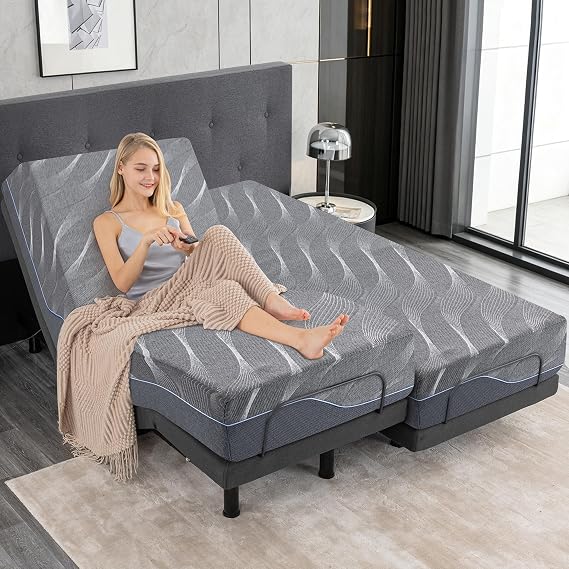 Twin XL Adjustable Bed Frame with Massage and 12 Inch Gray Gel Memory Foam Medium Firm Mattress, Adjustable Bed Base with Thickened Foam Frame, Adjustable legs, Voice control, Anti-Snore/0 Gravity