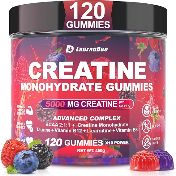 Creatine Monohydrate Gummies for Men & Women with L-Carnitine & Taurine Pre-Workout Supplement for Muscle Strength, Energy Boost Sugar Free, Vegan, Berry Flavor, Chewable Gummy 120 Count