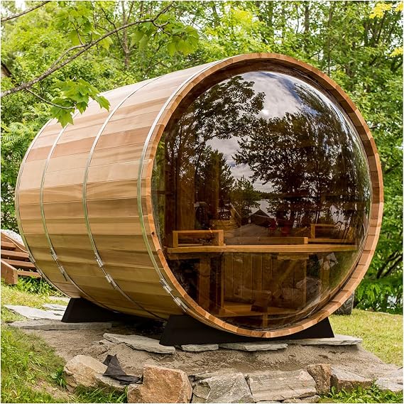 Smartmak Outdoor Wood Panoramic Barrel Steam Sauna Room, 8 Person Canadian Hemlock Garden Traditional Wooden Saunas, 6kw ETL Certified Electric Heater, Rocks, Water Bucket, Spoon, Light