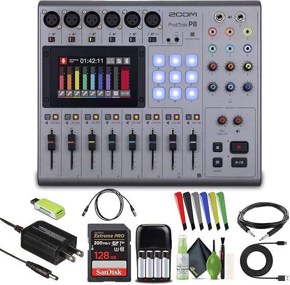 Zoom PodTrak P8 Podcast Recorder Battery Powered Bundle | For Podcasting & Interviews | 6 Microphone Inputs | 6 Headphone Outputs | 9 Sound Pads | Onboard Editing