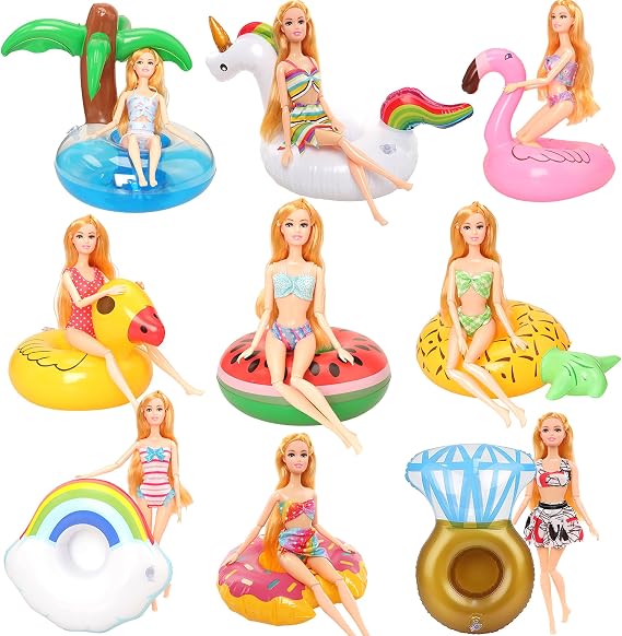 9 Pcs Pool Floaties Swim Accessories Set for Girl Dolls, Fun Swimming Pool Party Ring Inflatable Drink Holder for11.5 inch Dolls Pool Toys