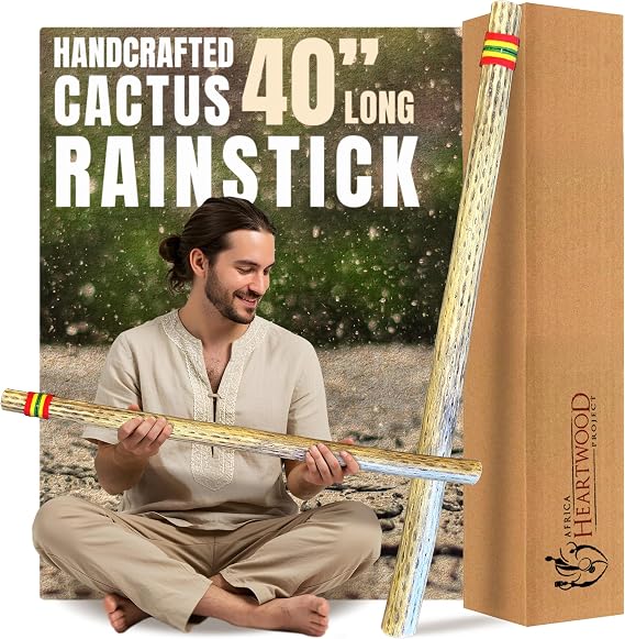 Africa Heartwood Project 40" Cactus Rainstick from Chile - Authentic Handcrafted Rain Stick Musical Instrument with Rasta Yarn Wrap and Durable Sealant