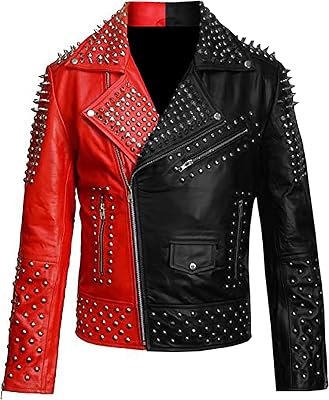 Mens Brando Motorcycle Jacket - Studded Spikes Punk Rock Multicolor Cowhide Leather Biker Jackets