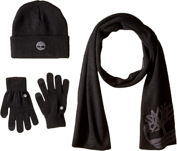 Timberland Double Layer Scarf, Cuffed Beanie & Magic Glove Gift Set Accessory, black, One Size