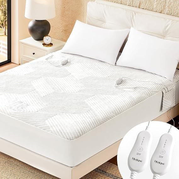 Electric Heated Mattress Pad Queen Size Dual Control Bed Warmer, Deep Pocket, Side Storage Pouch for Controller, Machine Washable, 3D Air Layer Fabric, 60"x80", Grey