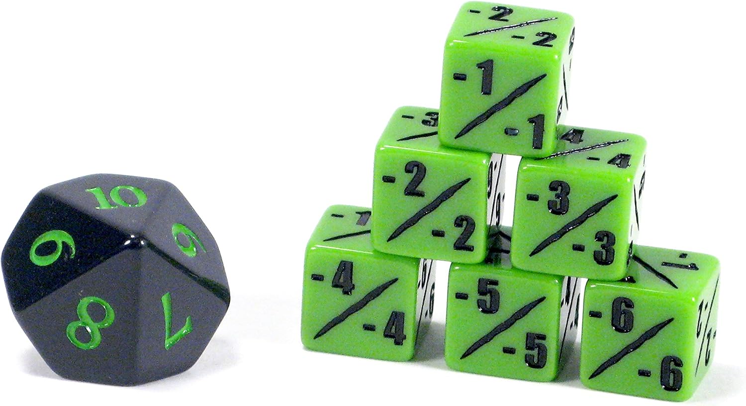 Premium MTG -1-1 Counter Dice Set D6 with D10 Poison Spin Down - Venom Green - Hedral - Magic: The Gathering TCG CCG Wither Infect