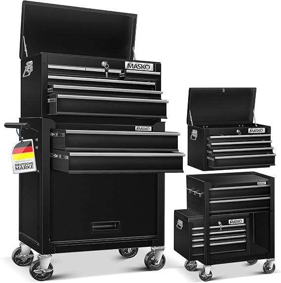 MASKO Workshop Trolley with Case - 9 Compartments Lockable Solid Metal Mobile Tool Trolley without Tools Professional Trolley for Tool Storage with Lock Black