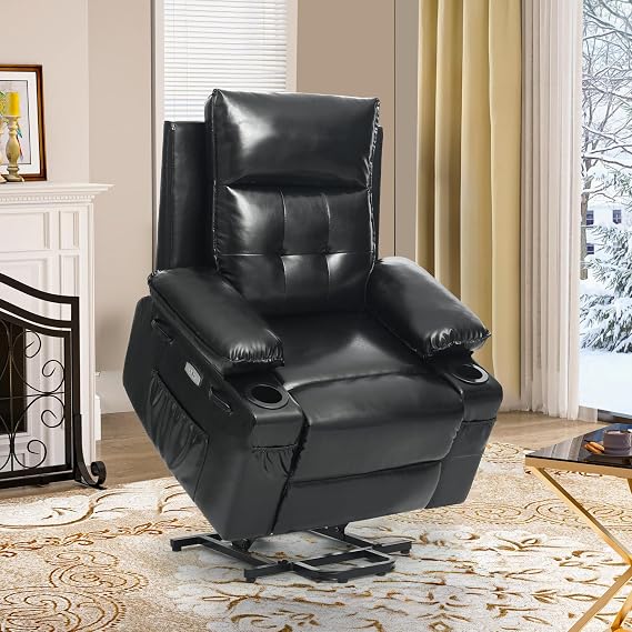 Power Lift Recliner Chair for Elderly with Massage & Heat,PU Leather,Electric Recliner with USB Ports,Cup Holders,Side Pockets,Lift Chair for Living Room,Bedroom