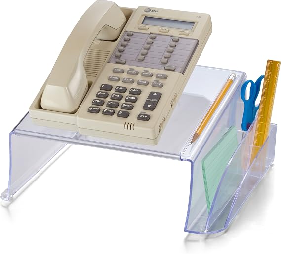 Officemate Telephone Stand - Laptop Stand and Desk Organizer with Storage Underneath, 3 Pen Compartments, 2 Accessory Holders, Non-Skid Rubber Pads, 12.5 x 10.125 x 5.25 Inches, Clear