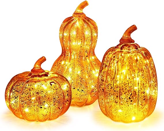 Fall Decorations for Home, Set of 3 Glass Pumpkin with LED Lights Thanksgiving Table Decor, Timer Lighted Pumpkin Decorations for Indoor Fall Mantel Decorating (DKGG-4054)