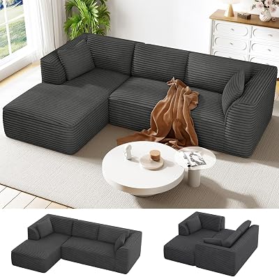 Vesgantti 106 Boneless Couch with Chaise, Deep Seat Comfy Cloud Modular Sofa Corduroy Memory Foam Sectional Couches for Living Room Bedroom, No Assembly Required Grey, Left-Facing Chaise