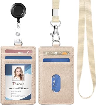 Teskyer Badge Holder with Retractable Lanyard, Faux Leather ID Holder with 1 ID Window & 3 Card Slots, 1 Badge Reel and 1 Nylon Lanyard, Perfect for Work Badges, All Kinds of Access Card, Lychee Beige