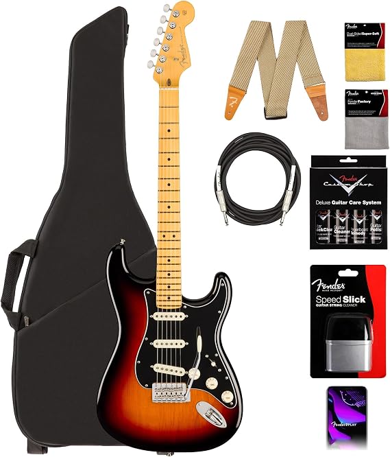Fender American Professional Classic Stratocaster - 3-Color Sunburst Bundle with Gig Bag, Strap, Cable, and Guitar Cleaning Kit