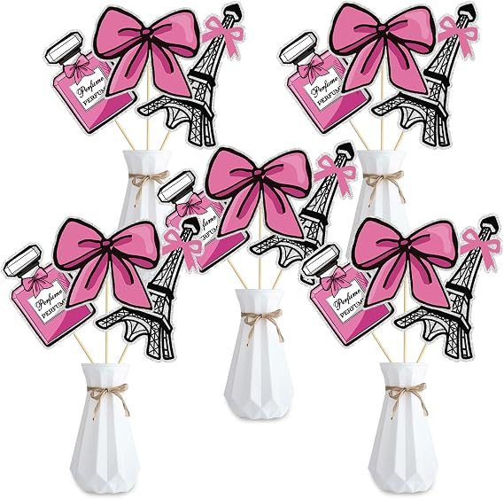 15 Pcs Paris Table Centerpiece Sticks, Ooh La La Eiffel Tower Table Toppers with Pink Bow & Perfume for Girls, Paris Themed Birthday, Baby Shower & Wedding Party Decorations
