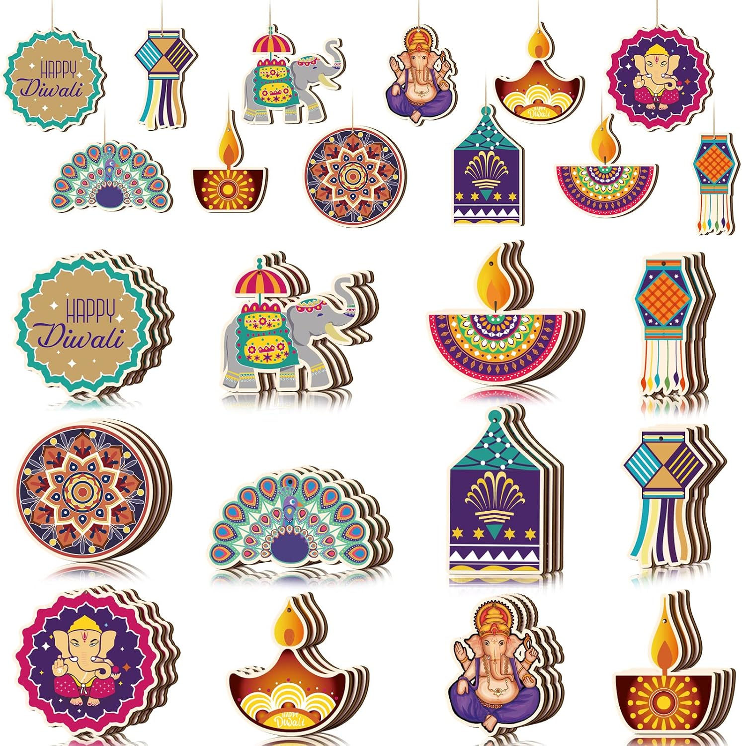 36 Pieces Happy Diwali Wooden Hanging Ornaments Decoration Indian Theme Festival of Lights Party Decor Diwali Deepavali Wood Cutout Ornaments for Home Doorway Curtain Party Decoration Supplies