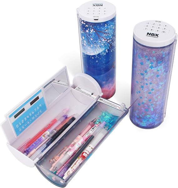 Clear Pencil Case, Transparent Pencil Case, Password Pen Box, See Through Pencil Cases, Cute Standing Cylinder Box with Lock/Calculator for Girls, Boys, Kids, School Stationery Supplies(Sakura Night)
