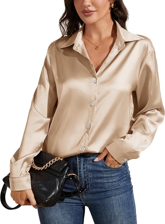 Women's Satin Blouse Long Sleeve Buttons Silk Blouse Elegant Top Casual Top