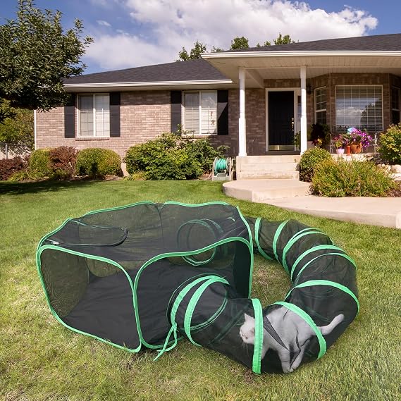 Pawtenda 2-in-1 Cat Tent & Enclosure Outdoor, Foldable Playpen with Tunnel