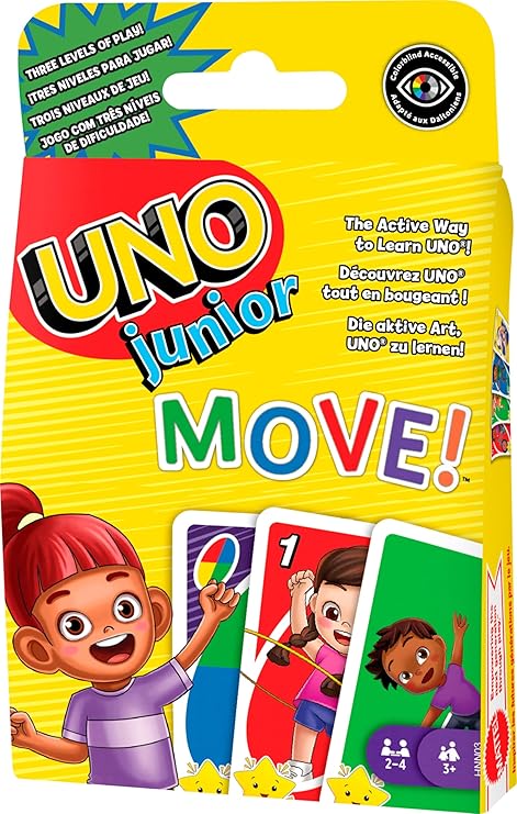 Mattel Games UNO Junior Move Kids Card Game with Action Rules for Family Night, Game Night, Travel, Camping and Party, UNO Cards