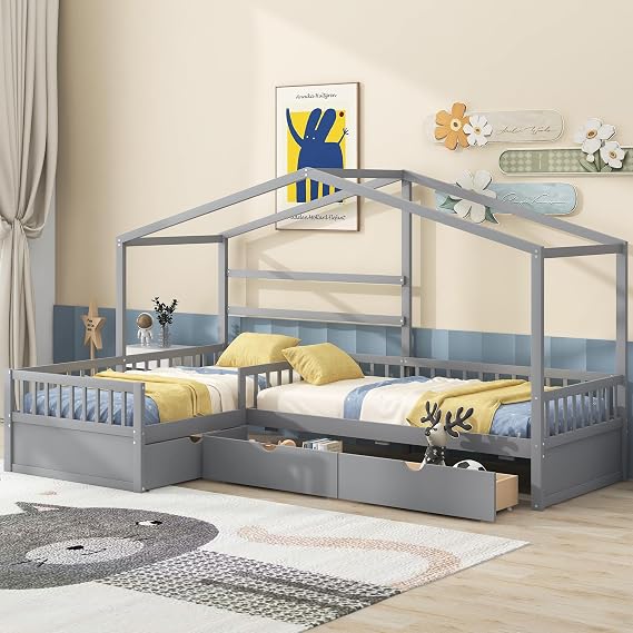 Lakifun L Shaped Bed Frame for Kids, Double Twin Corner House Bed with 3 Storage Drawers & Fence, Modern Solid Wood Platform Bed for Girls Boys Bedroom, Maximize Space (Gray)
