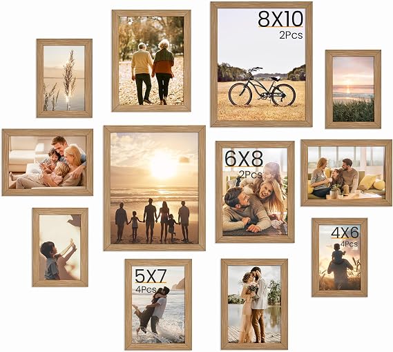 Feihorrm Set of 12 Picture Frames, Oak Photo Frames, Wall & Tabletop