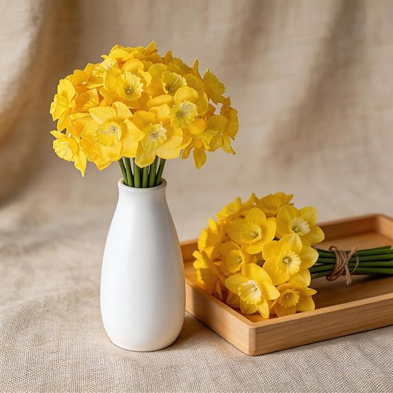 2 Bundles Realistic Artificial Daffodils - 12 Stems Handmade Silk Flowers for Home Decor, British Spring Style Yellow Narcissus, No Maintenance Faux Floral Arrangement (32cm)