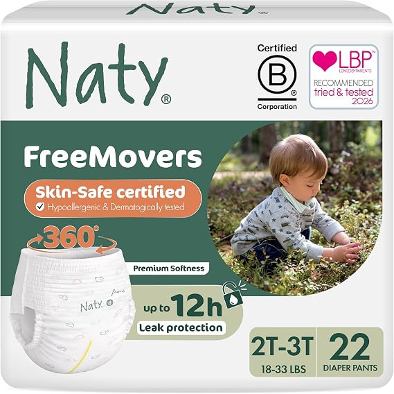 Naty FreeMovers Pull Up Training Pants, Size 4, 2T-3T, (1833 lbs), 22 Ct. | For Sensitive Skin, Hypoallergenic Potty Training Underwear, Up to 12 Hours Leak Protection, Fragrance-Free, Stretchy comfort