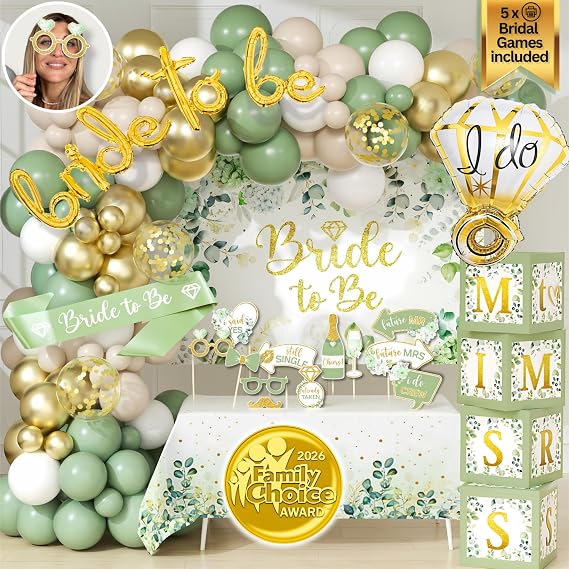 215 Pc Premium Bridal Shower Decorations Olive Sage Green - Bridal Shower Balloon Boxes with A-Z Letters & Bridal Balloon Arch Kit & Bride to Be Balloon for Bridal, Bachelorette, Engagement or Wedding