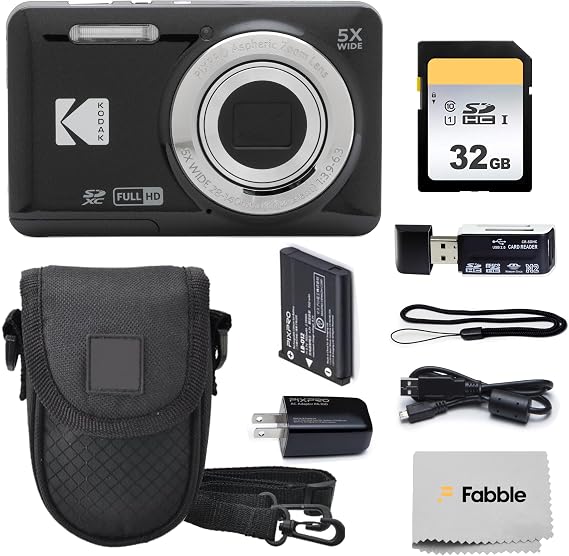 KODAK PIXPRO FZ55 16MP Digital Point & Shoot Camera, 5X Optical Zoom, 28mm Wide Angle, 1080P Full HD Video, Bundle with 32GB SD Card, Protective Case, and Hi-Speed Card Reader (Black)
